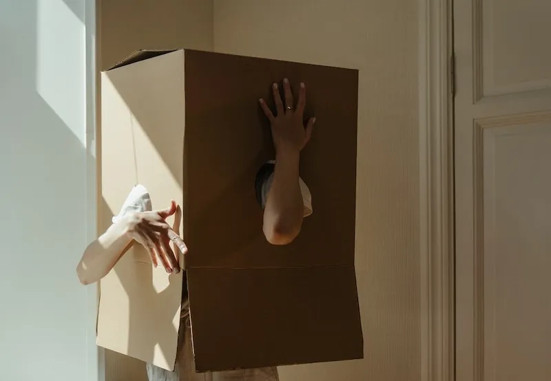 Une personne passe les bras hors d’un grand carton de déménagement